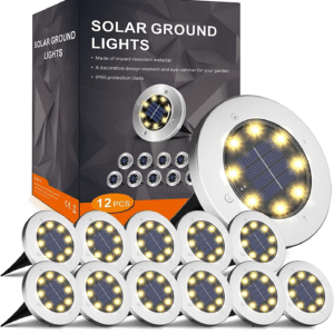 FLOWood Solar Bodenleuchten 12er Set – Garten-Solarleuchten mit 8 LEDs, Warmweiß, Edelstahl & Kunststoff, wasserdicht, kabellos
