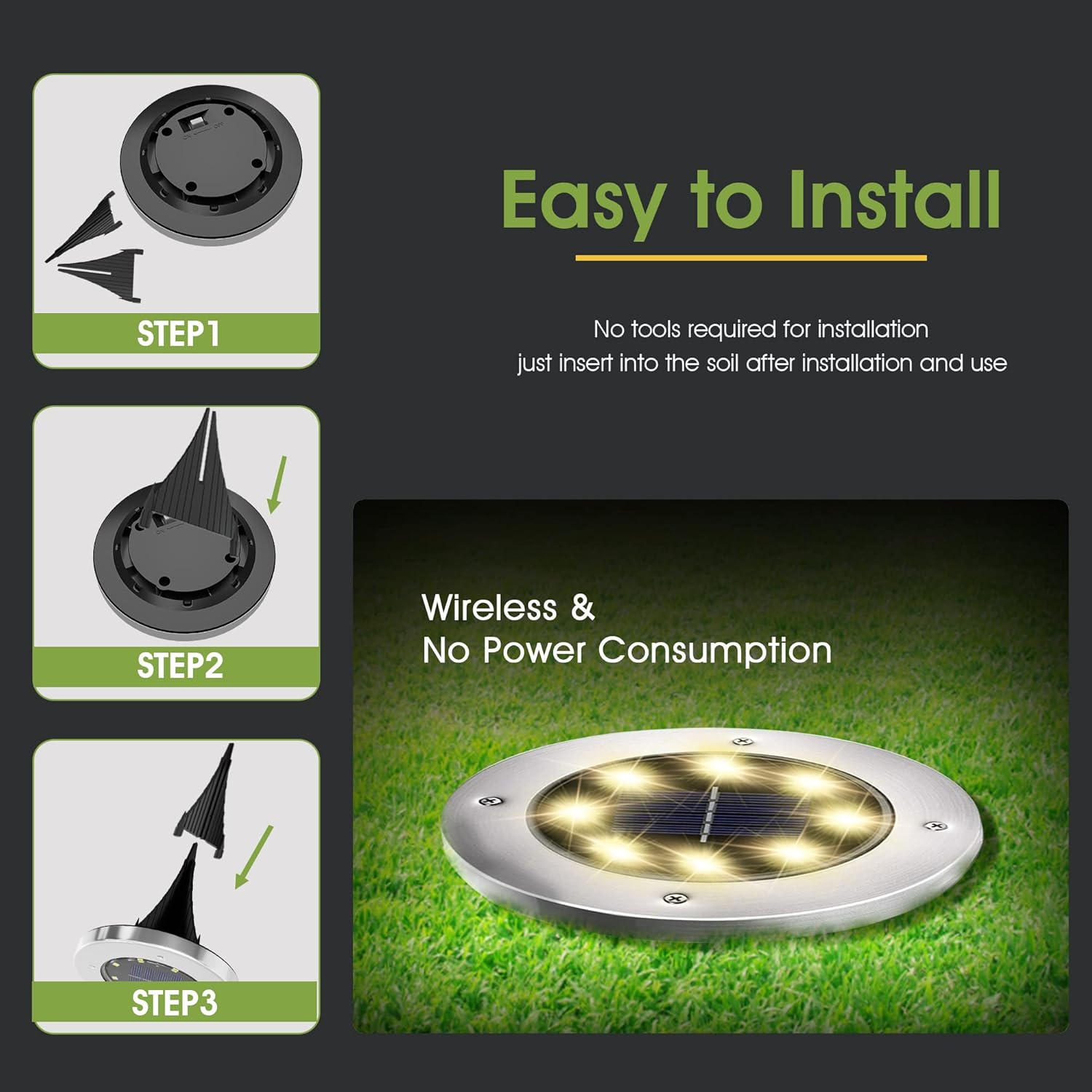 FLOWood Solar Bodenleuchten 12er Set – Garten-Solarleuchten mit 8 LEDs, Warmweiß, Edelstahl & Kunststoff, wasserdicht, kabellos – Bild 3