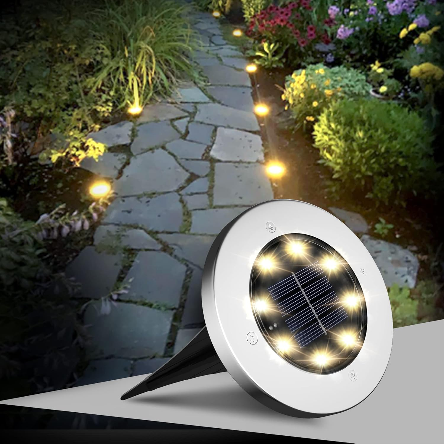 FLOWood Solar Bodenleuchten 12er Set – Garten-Solarleuchten mit 8 LEDs, Warmweiß, Edelstahl & Kunststoff, wasserdicht, kabellos – Bild 4