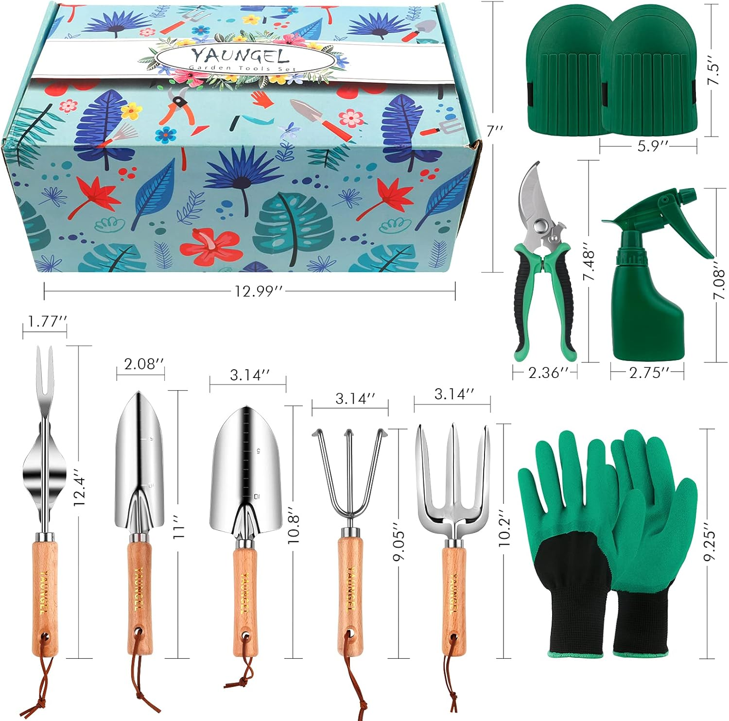 YAUNGEL Gartenwerkzeug Set 10-teilig – Profi-Gartenset aus Edelstahl mit Holzgriffen, inkl. Organizer-Tasche & Geschenkbox, Grün – Bild 5
