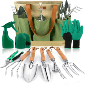 YAUNGEL Gartenwerkzeug Set 10-teilig – Profi-Gartenset aus Edelstahl mit Holzgriffen, inkl. Organizer-Tasche & Geschenkbox, Grün