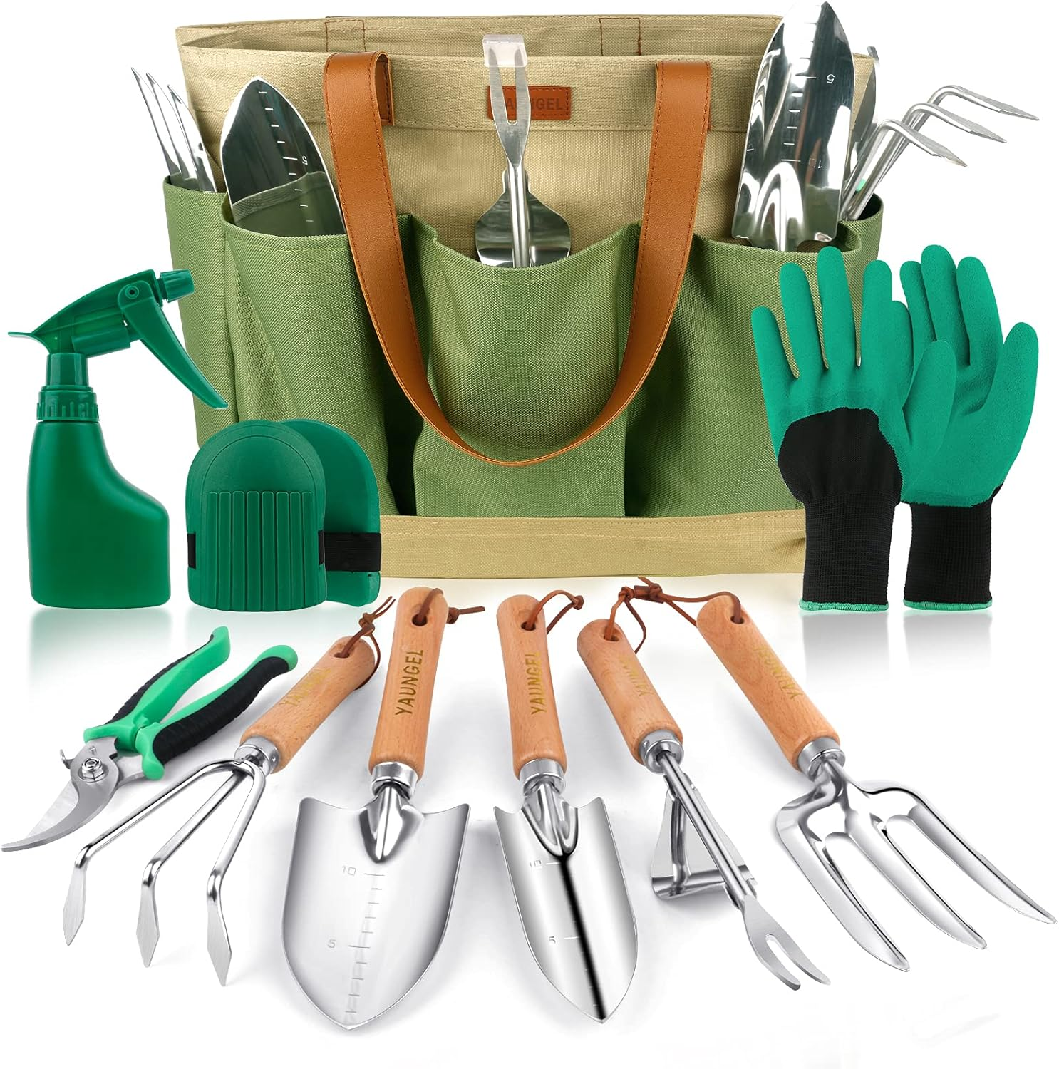 YAUNGEL Gartenwerkzeug Set 10-teilig – Profi-Gartenset aus Edelstahl mit Holzgriffen, inkl. Organizer-Tasche & Geschenkbox, Grün