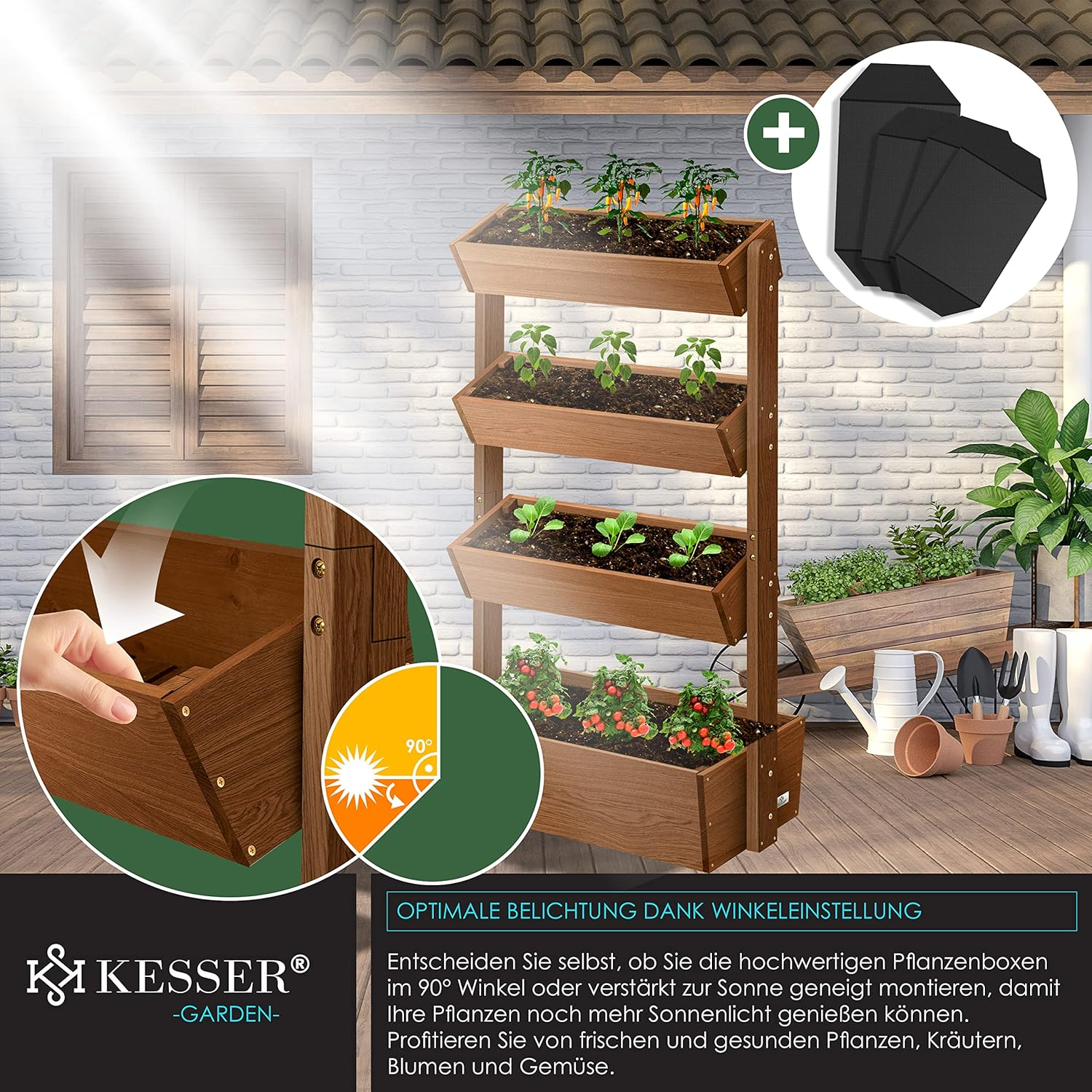 KESSER® Hochbeet mit 4 Stufen – Pflanztreppe & Blumenkasten aus massivem Tannenholz, inkl. Vlies & Schaufelset, Braun – Bild 3