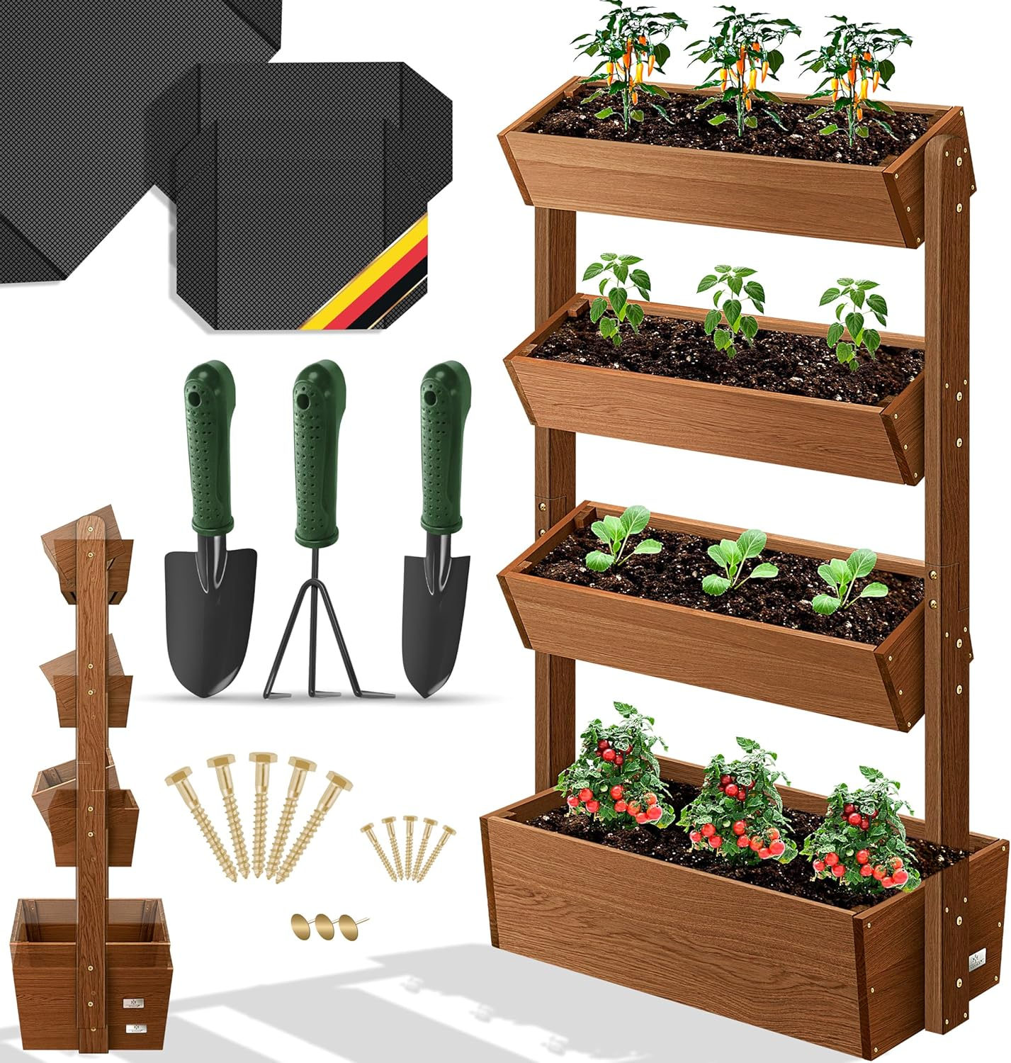 KESSER® Hochbeet mit 4 Stufen – Pflanztreppe & Blumenkasten aus massivem Tannenholz, inkl. Vlies & Schaufelset, Braun