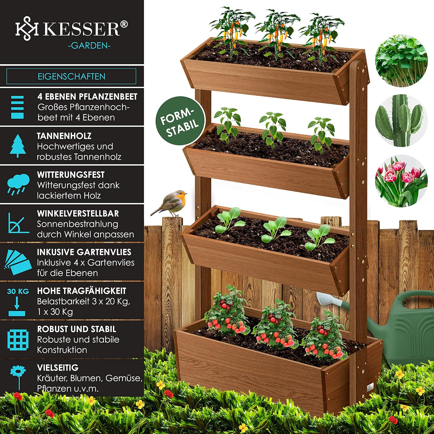 KESSER® Hochbeet mit 4 Stufen – Pflanztreppe & Blumenkasten aus massivem Tannenholz, inkl. Vlies & Schaufelset, Braun – Bild 5