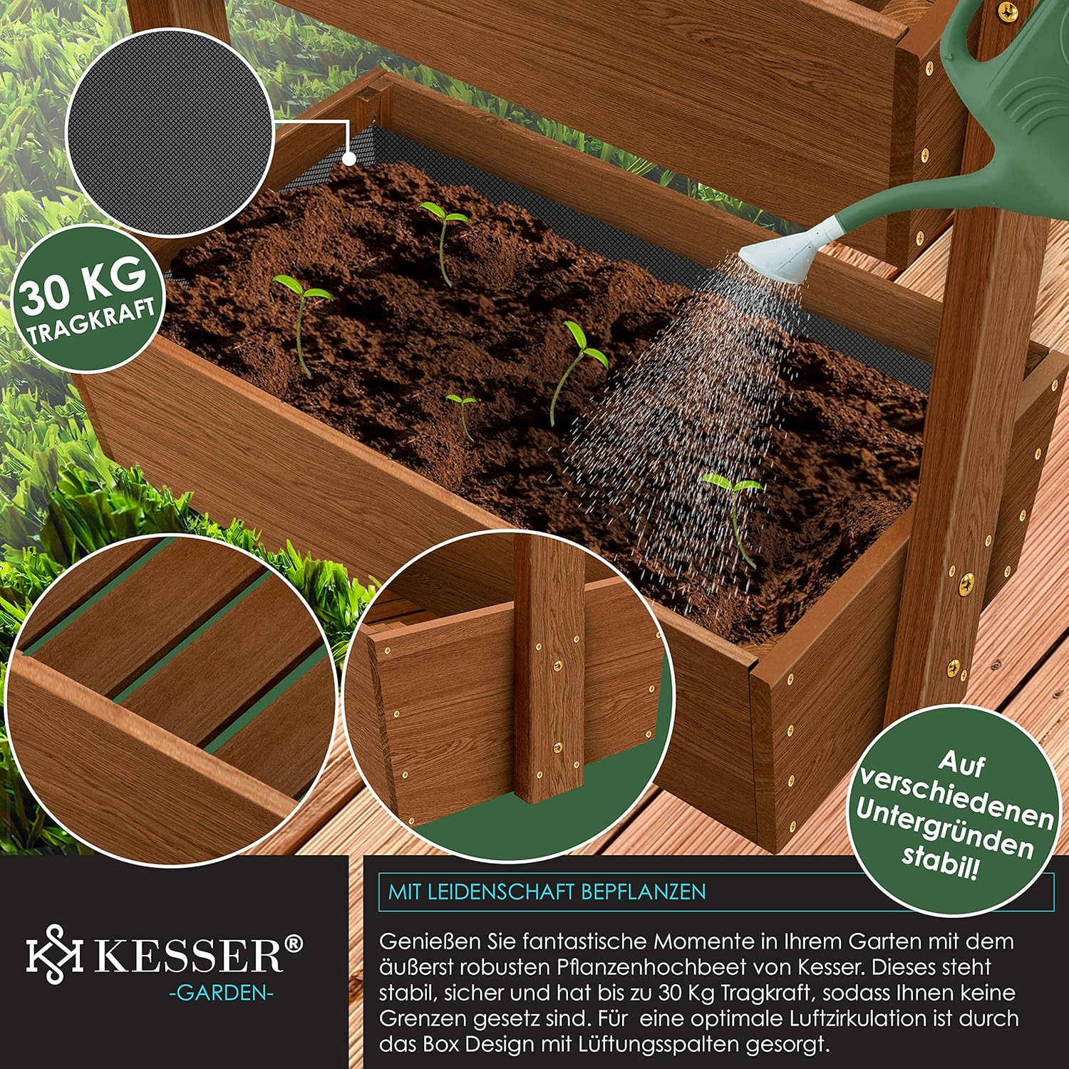 KESSER® Hochbeet mit 4 Stufen – Pflanztreppe & Blumenkasten aus massivem Tannenholz, inkl. Vlies & Schaufelset, Braun – Bild 4